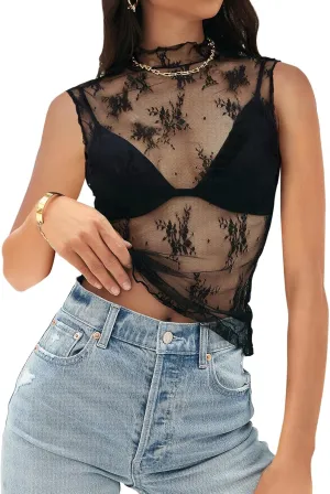MEROKEETY Women's 2025 Sleeveless Sheer Mesh Lace Crop Tank Top See Through Summer Sexy Y2K Mock Neck Blouses Shirts