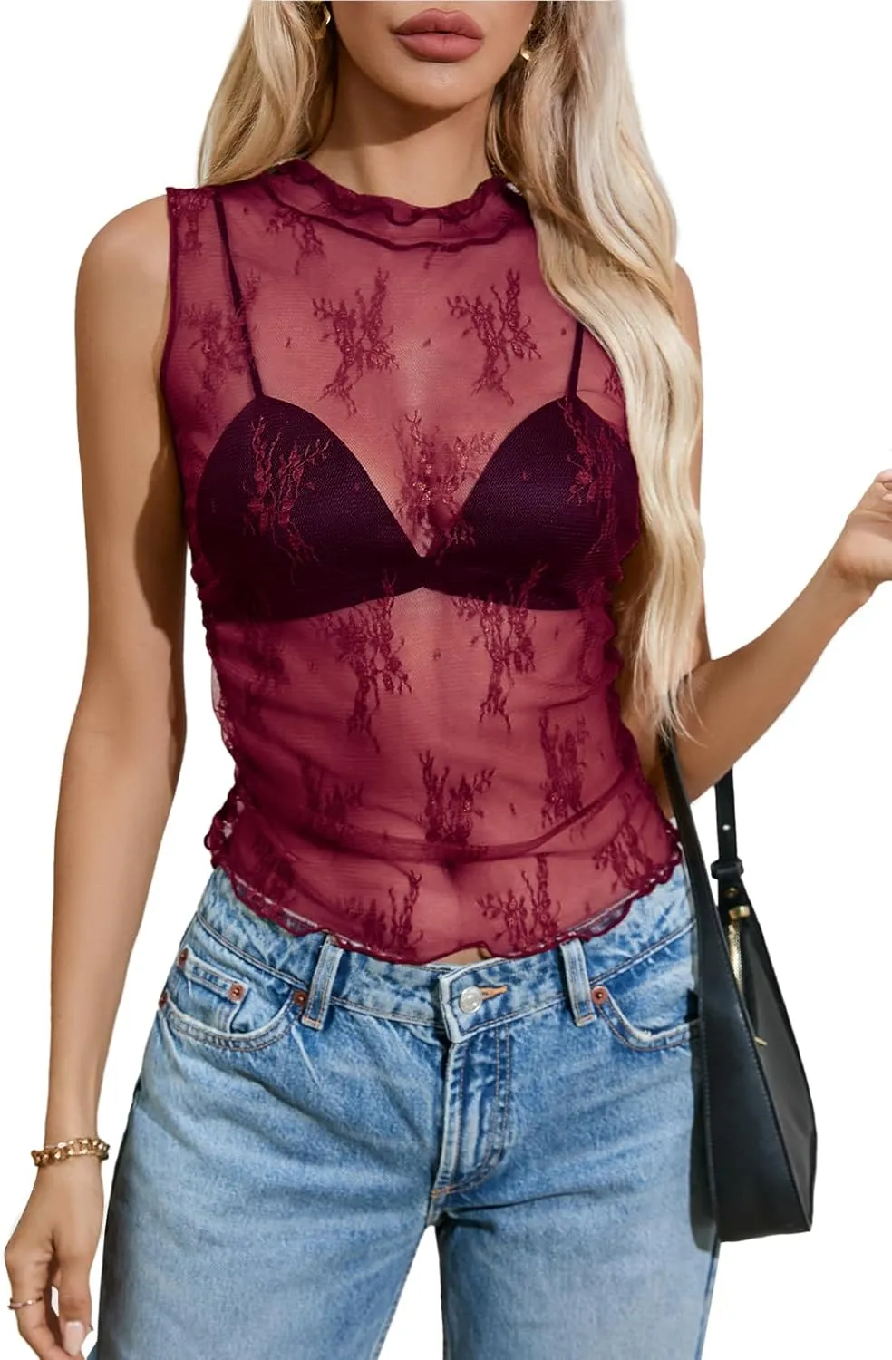 MEROKEETY Women's 2025 Sleeveless Sheer Mesh Lace Crop Tank Top See Through Summer Sexy Y2K Mock Neck Blouses Shirts