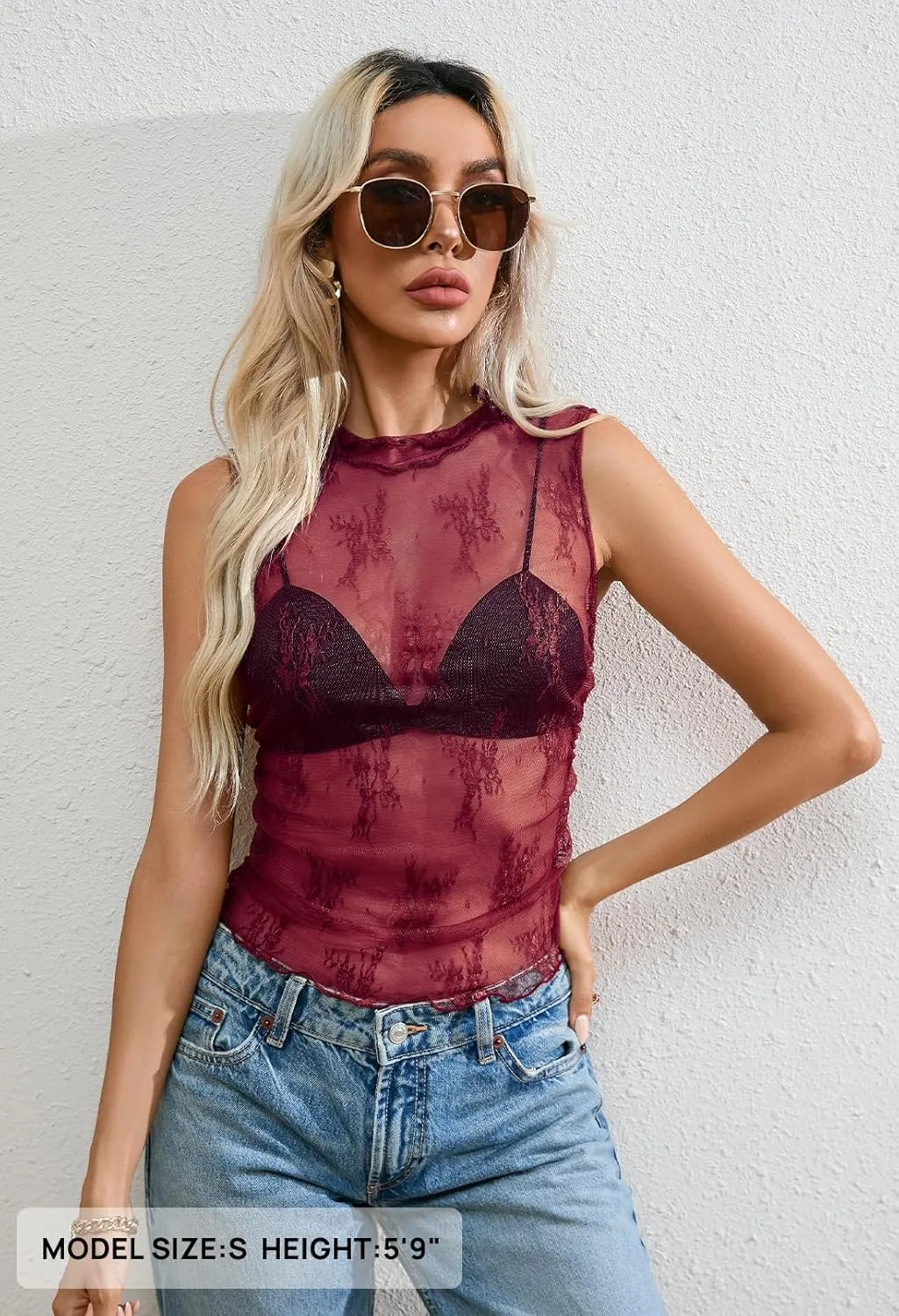 MEROKEETY Women's 2025 Sleeveless Sheer Mesh Lace Crop Tank Top See Through Summer Sexy Y2K Mock Neck Blouses Shirts
