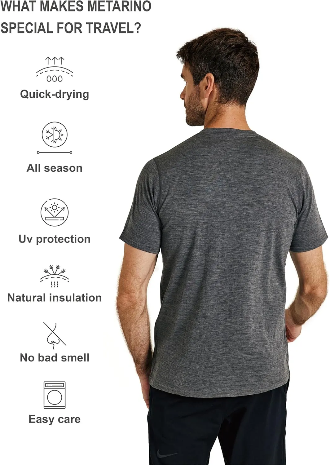 METARINO Mens Merino Wool T-Shirt Short Sleeve Athletic Tees Lightweight Base Layer Undershirt for Running,Workout