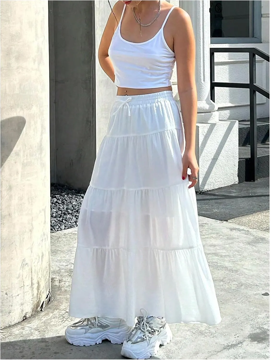 Milumia Girl's Bow Knot Tiered Maxi Skirt Elastic Waist Ruffle Flowy A Line Boho Summer Skirts