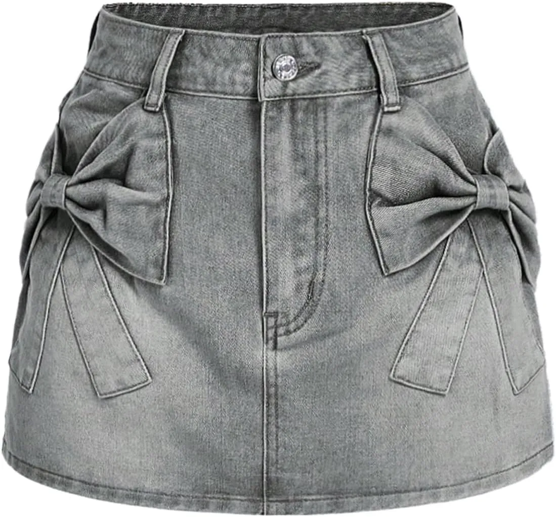 Milumia Women's Bow Knot Front Bodycon Denim Jean Mini Skirt with Pocket