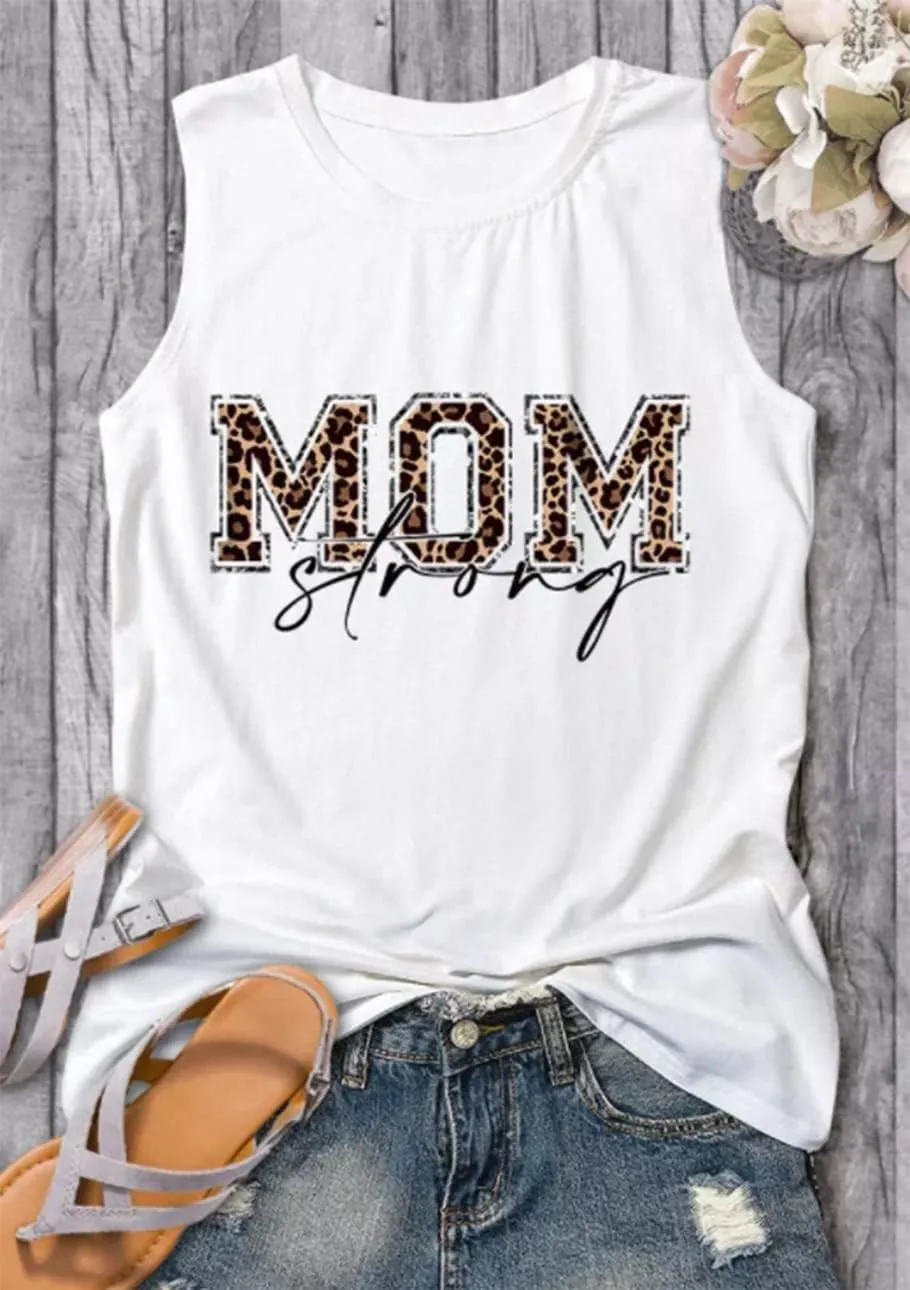 Mom Strong Muscle Tank Tops Funny Leopard Letter Print Graphic Mama Workout Tanks Summer Casual Sleeveless Shirt Tees