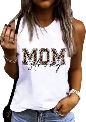 Mom Strong Muscle Tank Tops Funny Leopard Letter Print Graphic Mama Workout Tanks Summer Casual Sleeveless Shirt Tees