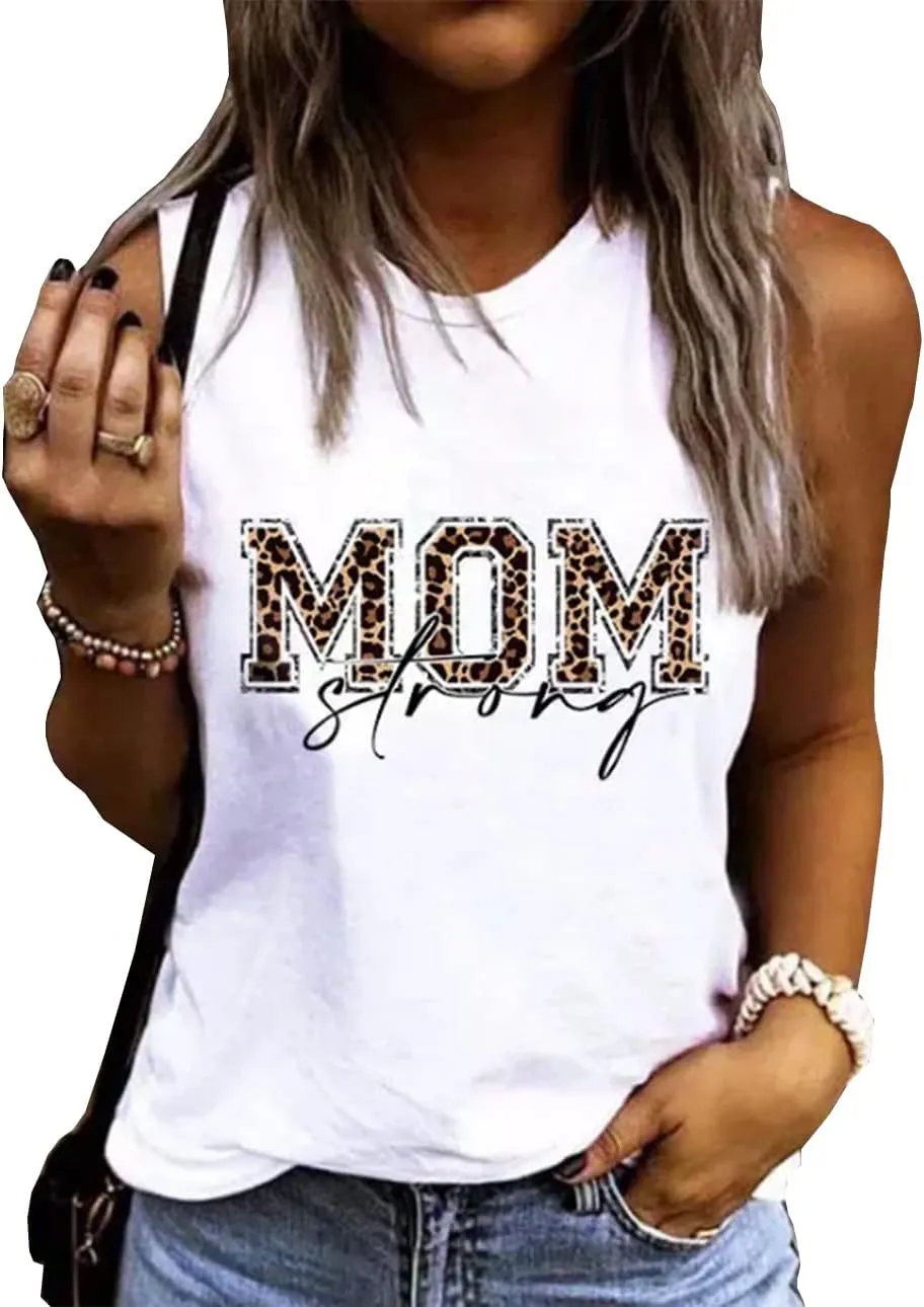 Mom Strong Muscle Tank Tops Funny Leopard Letter Print Graphic Mama Workout Tanks Summer Casual Sleeveless Shirt Tees