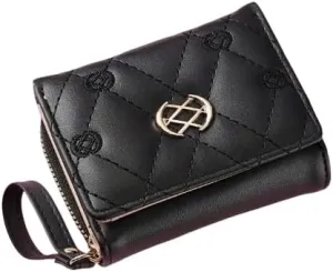 Mothers Day Gifts,Wallet Women,Women'S Embroidered Quilted Trifold Wallet, Neutral Style, Faux Leather, with Snap Closure, Zip Pocket, Faux Leather Lining, and Wristlet Accessory (Black)