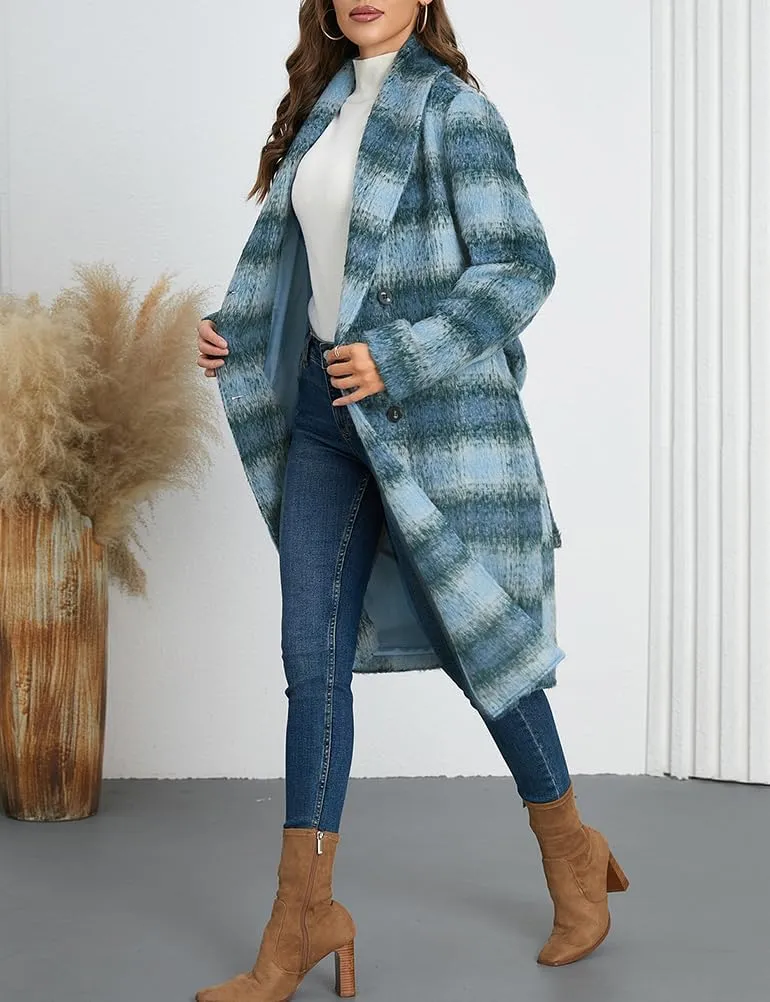 Mywinway Plaid Wool Coats for Women 2024 Fall Winter Double Breasted Peacoat Long Jackets Trendy Trench Coat with Belt