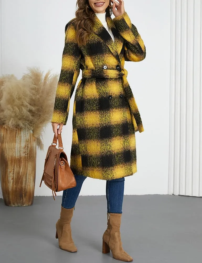 Mywinway Plaid Wool Coats for Women 2024 Fall Winter Double Breasted Peacoat Long Jackets Trendy Trench Coat with Belt