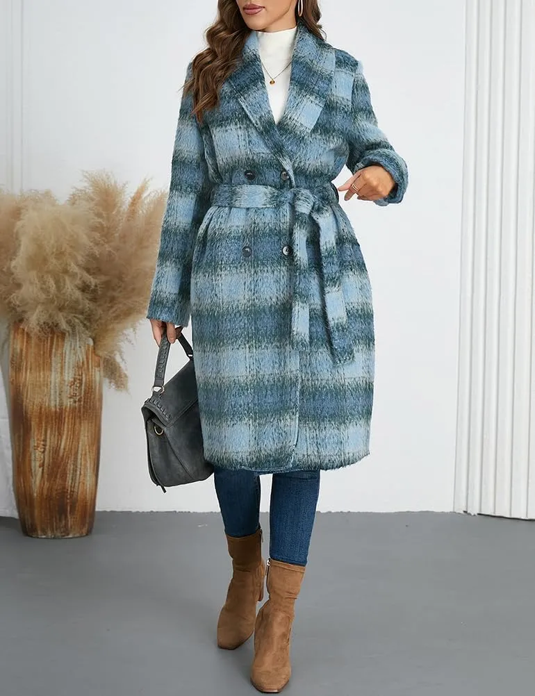 Mywinway Plaid Wool Coats for Women 2024 Fall Winter Double Breasted Peacoat Long Jackets Trendy Trench Coat with Belt