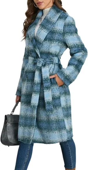 Mywinway Plaid Wool Coats for Women 2024 Fall Winter Double Breasted Peacoat Long Jackets Trendy Trench Coat with Belt