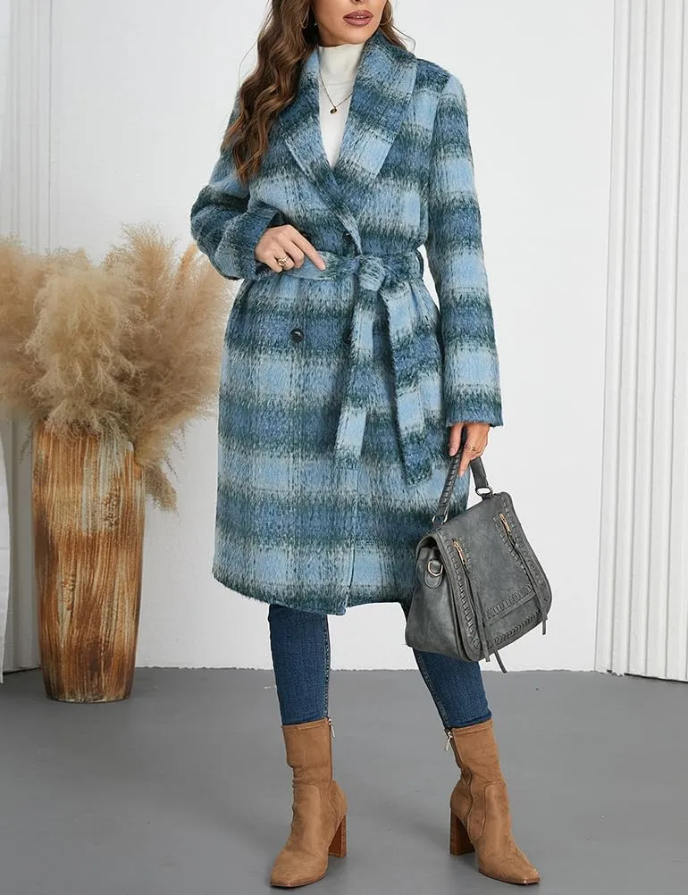 Mywinway Plaid Wool Coats for Women 2024 Fall Winter Double Breasted Peacoat Long Jackets Trendy Trench Coat with Belt