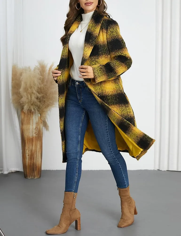 Mywinway Plaid Wool Coats for Women 2024 Fall Winter Double Breasted Peacoat Long Jackets Trendy Trench Coat with Belt