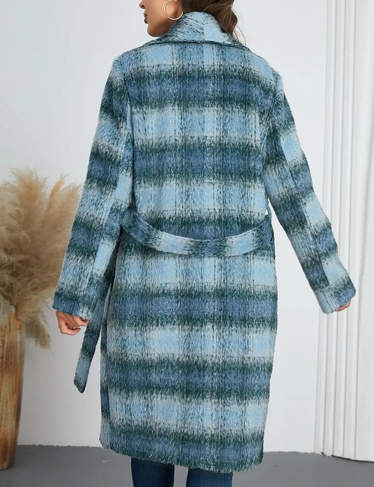 Mywinway Plaid Wool Coats for Women 2024 Fall Winter Double Breasted Peacoat Long Jackets Trendy Trench Coat with Belt