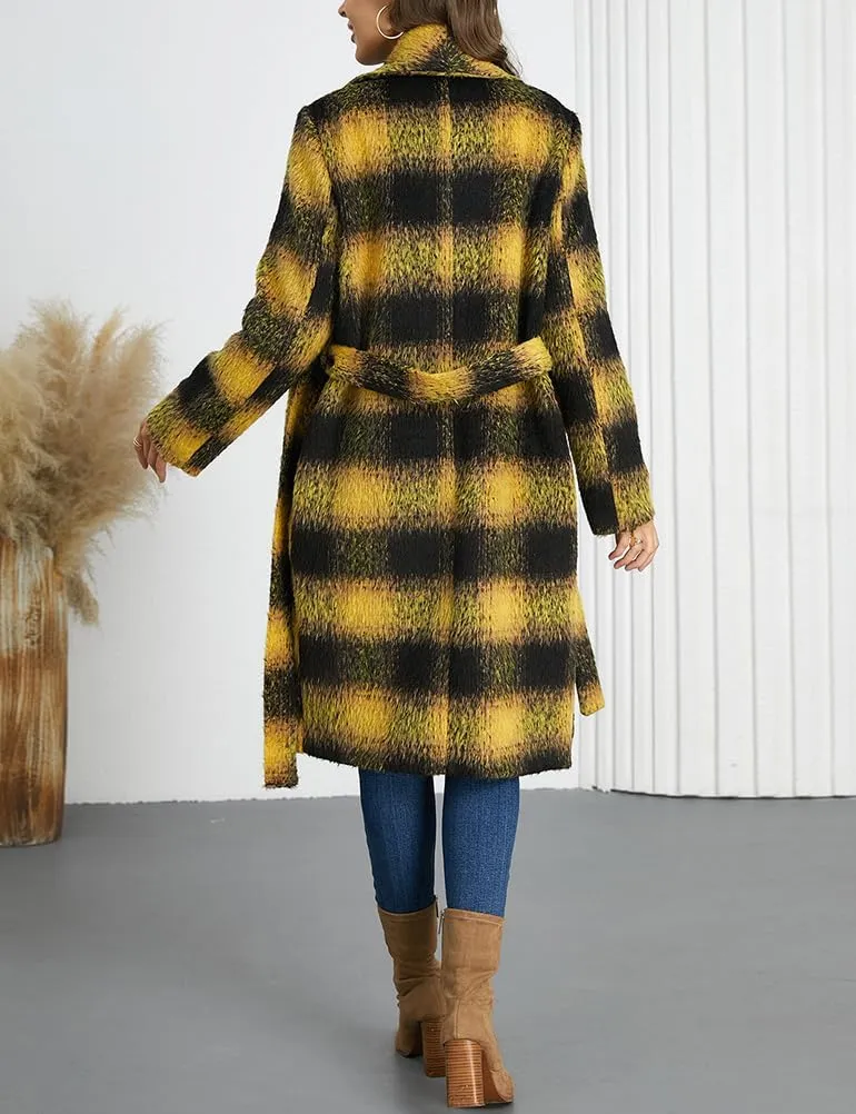 Mywinway Plaid Wool Coats for Women 2024 Fall Winter Double Breasted Peacoat Long Jackets Trendy Trench Coat with Belt