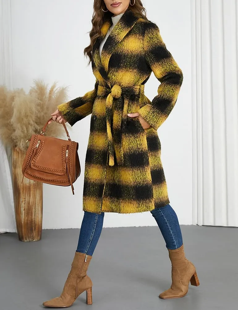 Mywinway Plaid Wool Coats for Women 2024 Fall Winter Double Breasted Peacoat Long Jackets Trendy Trench Coat with Belt