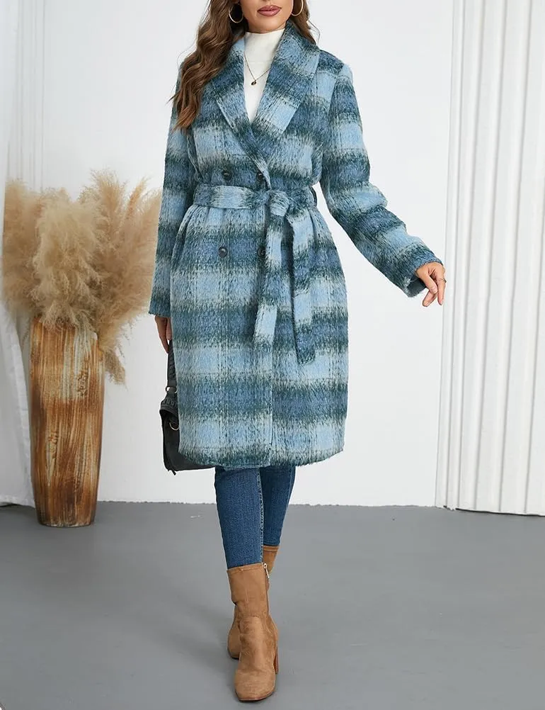 Mywinway Plaid Wool Coats for Women 2024 Fall Winter Double Breasted Peacoat Long Jackets Trendy Trench Coat with Belt