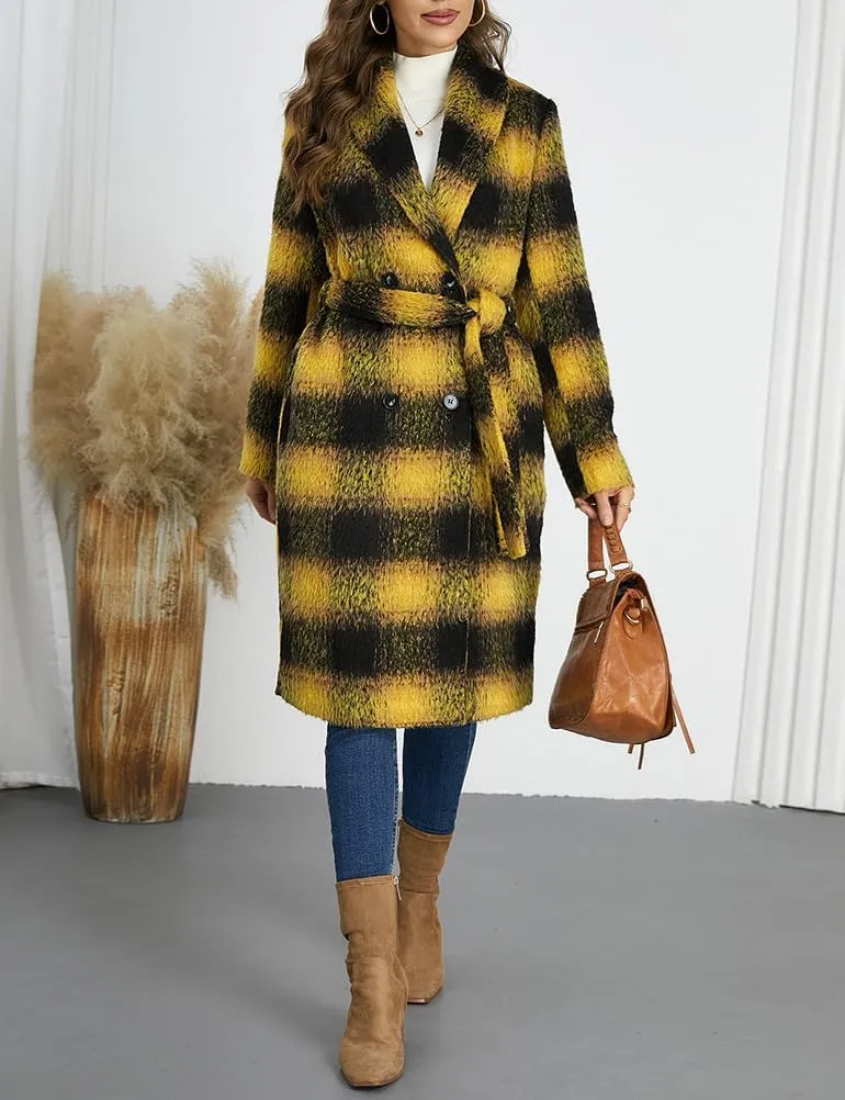 Mywinway Plaid Wool Coats for Women 2024 Fall Winter Double Breasted Peacoat Long Jackets Trendy Trench Coat with Belt