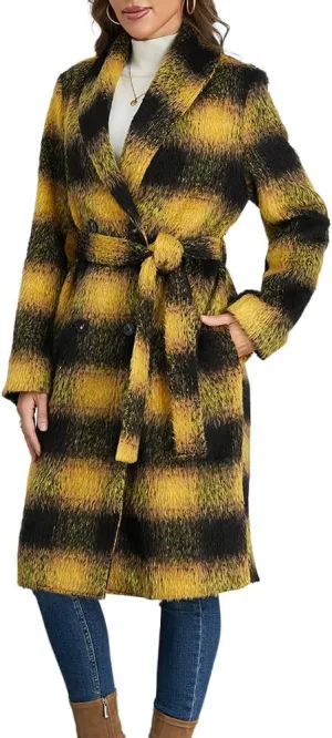 Mywinway Plaid Wool Coats for Women 2024 Fall Winter Double Breasted Peacoat Long Jackets Trendy Trench Coat with Belt