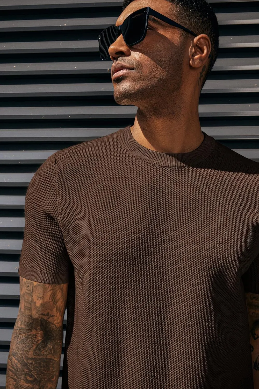 PJ PAUL JONES Men's T-Shirts Casual Knit Short Sleeve Crewneck Honeycomb Waffle Solid Knitted Pullover Tees