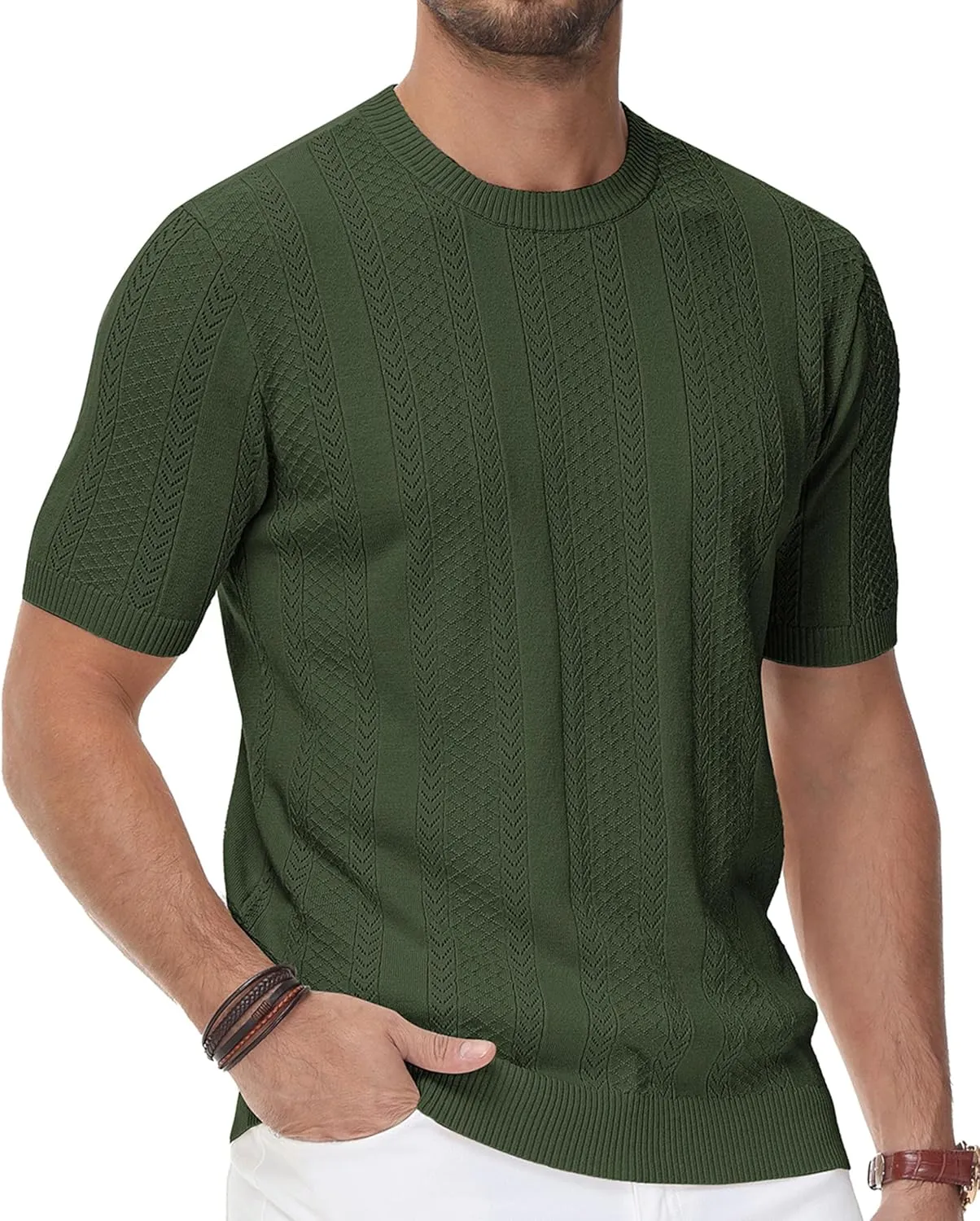 PJ PAUL JONES Men's T-Shirts Casual Knit Short Sleeve Crewneck Honeycomb Waffle Solid Knitted Pullover Tees