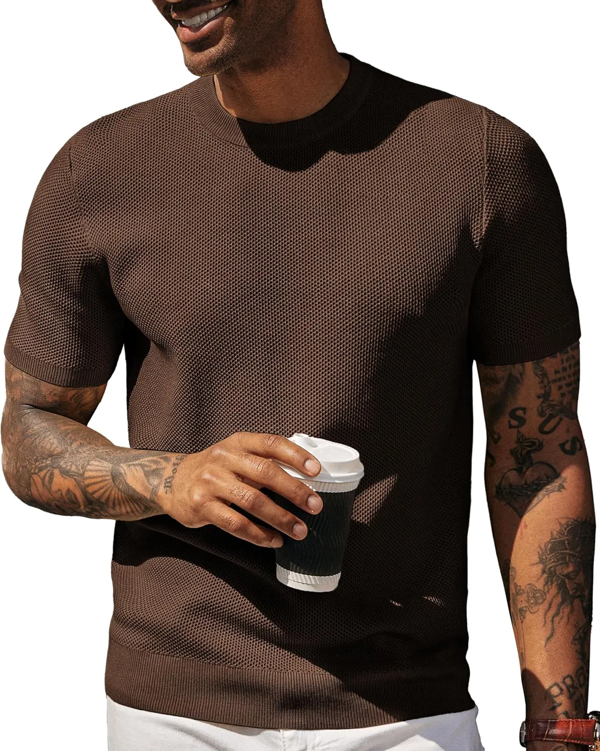 PJ PAUL JONES Men's T-Shirts Casual Knit Short Sleeve Crewneck Honeycomb Waffle Solid Knitted Pullover Tees