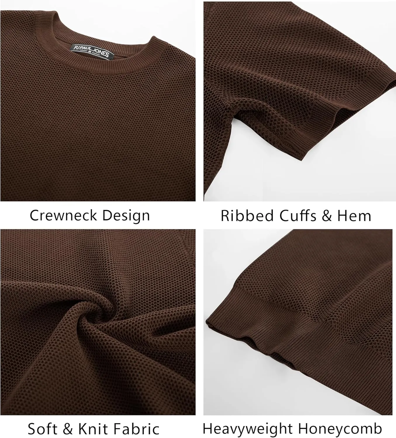 PJ PAUL JONES Men's T-Shirts Casual Knit Short Sleeve Crewneck Honeycomb Waffle Solid Knitted Pullover Tees