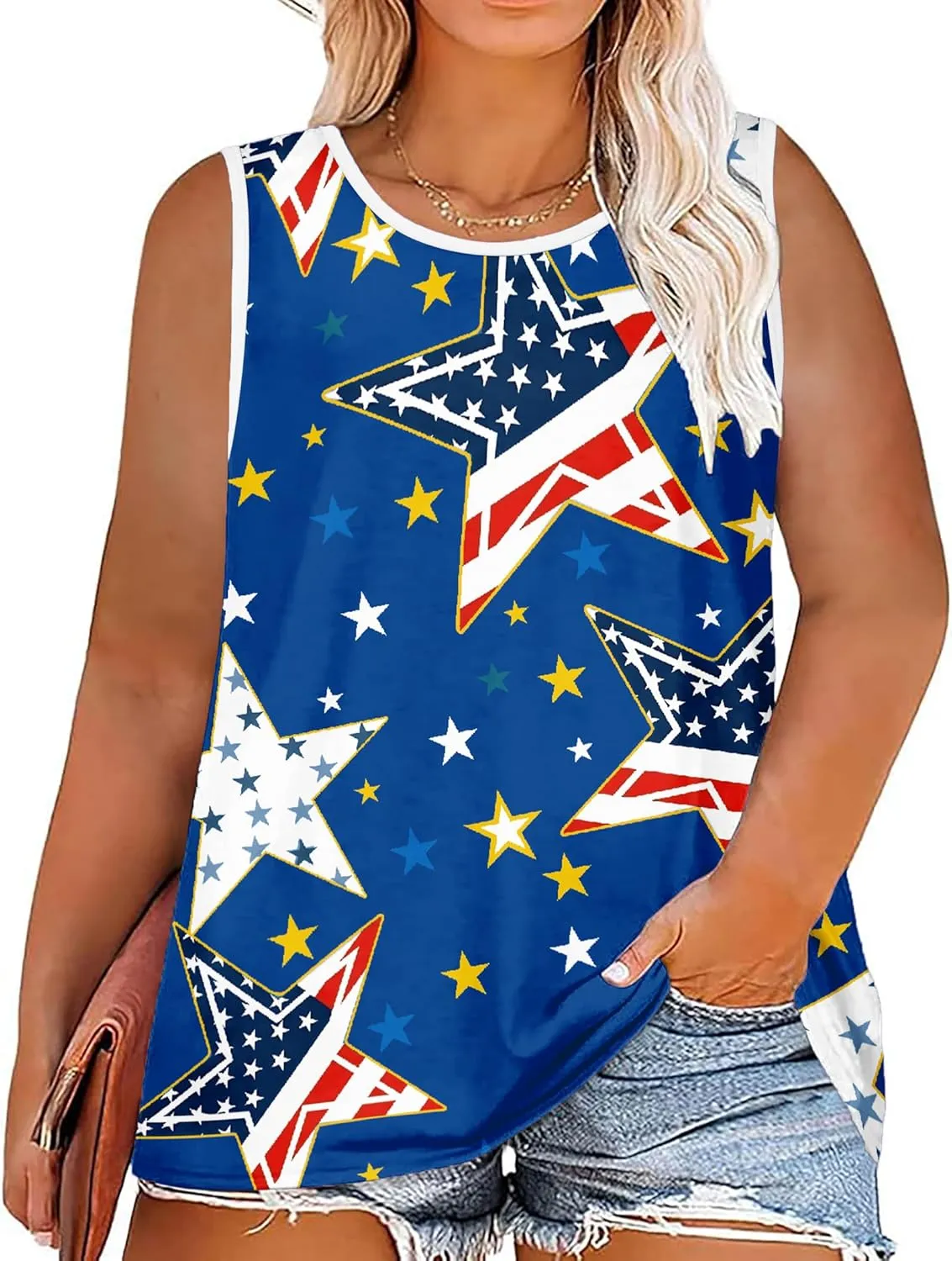 Plus Size American Flag Shirts Women 4th of July Tank Tops Patriotic USA Sleeveless Graphic Tees Casual Plus Size Tops