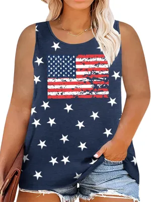 Plus Size American Flag Shirts Women 4th of July Tank Tops Patriotic USA Sleeveless Graphic Tees Casual Plus Size Tops