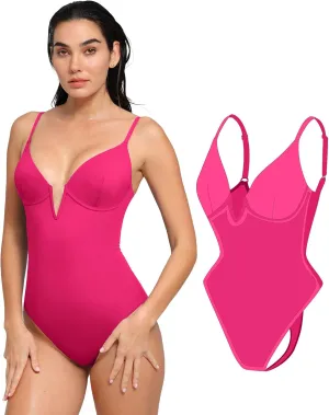 Popilush Tummy Control Swimsuits for Women Deep V Neck One Piece Shapewear Swimsuit Slimming Swimwear Built in Bra