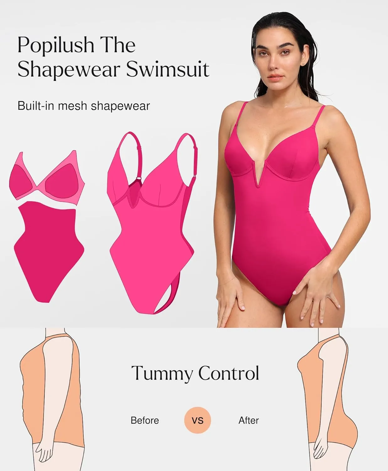 Popilush Tummy Control Swimsuits for Women Deep V Neck One Piece Shapewear Swimsuit Slimming Swimwear Built in Bra