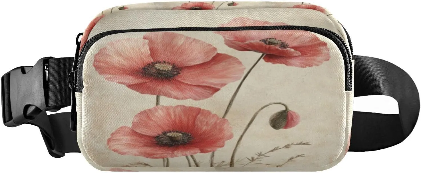 Poppy Flower Beige Neutral Fanny Packs for Women Crossbody Bags Everywhere Belt Bag with Adjustable Strap Fashion Waist Pack for Running Daily Travel