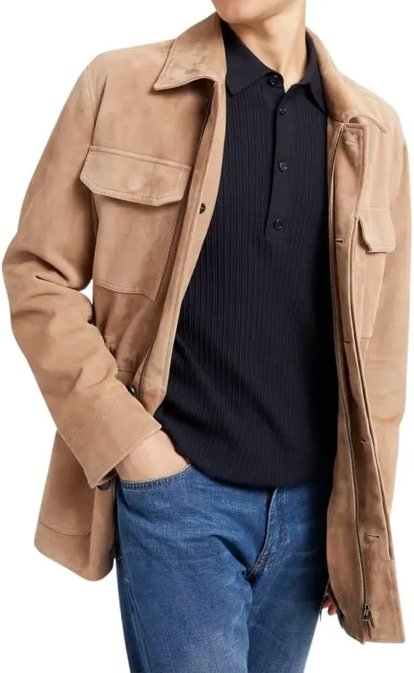 Premium Suede Safari Field Coat for Men  Men's Classic Field Style Suede Coat  Soft Leather Field Coat