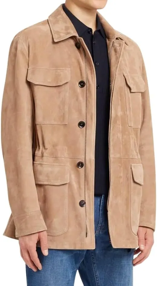 Premium Suede Safari Field Coat for Men  Men's Classic Field Style Suede Coat  Soft Leather Field Coat