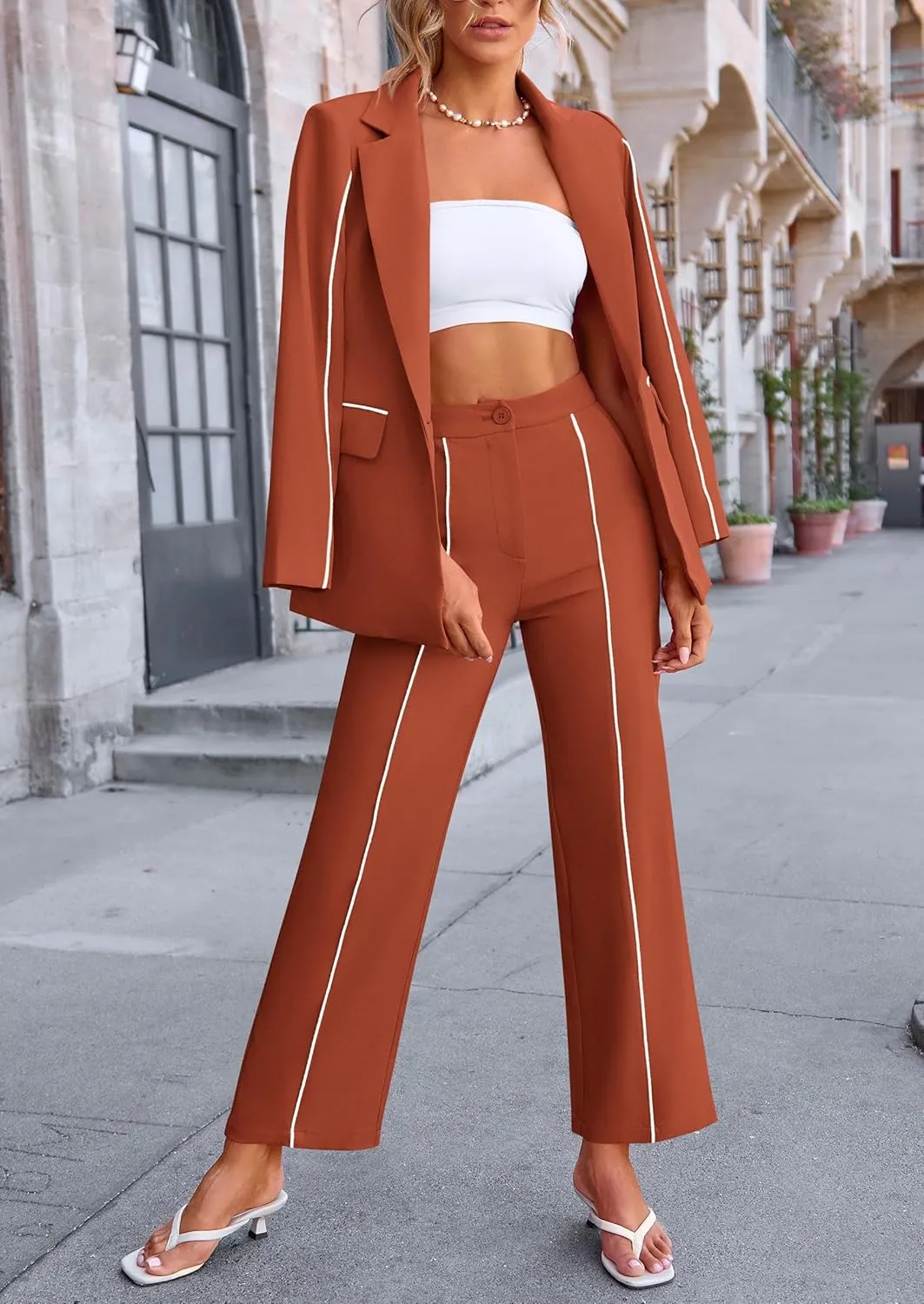 PRETTYGARDEN Women's Fall Spring 2 Piece Blazer Outfits Business Casual Oversized Jacket Wide Leg Work Pants Dressy Suit Set