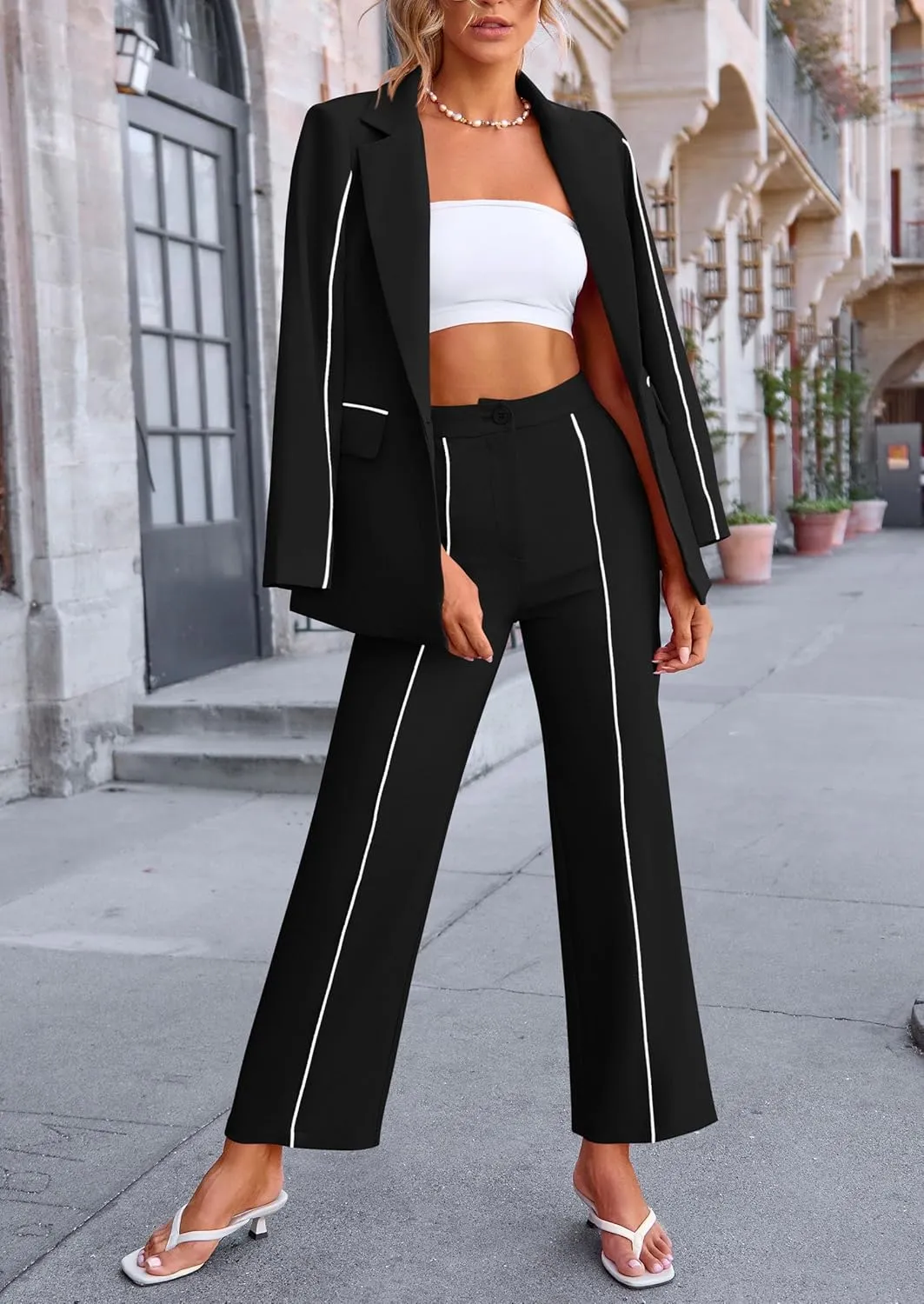 PRETTYGARDEN Women's Fall Spring 2 Piece Blazer Outfits Business Casual Oversized Jacket Wide Leg Work Pants Dressy Suit Set