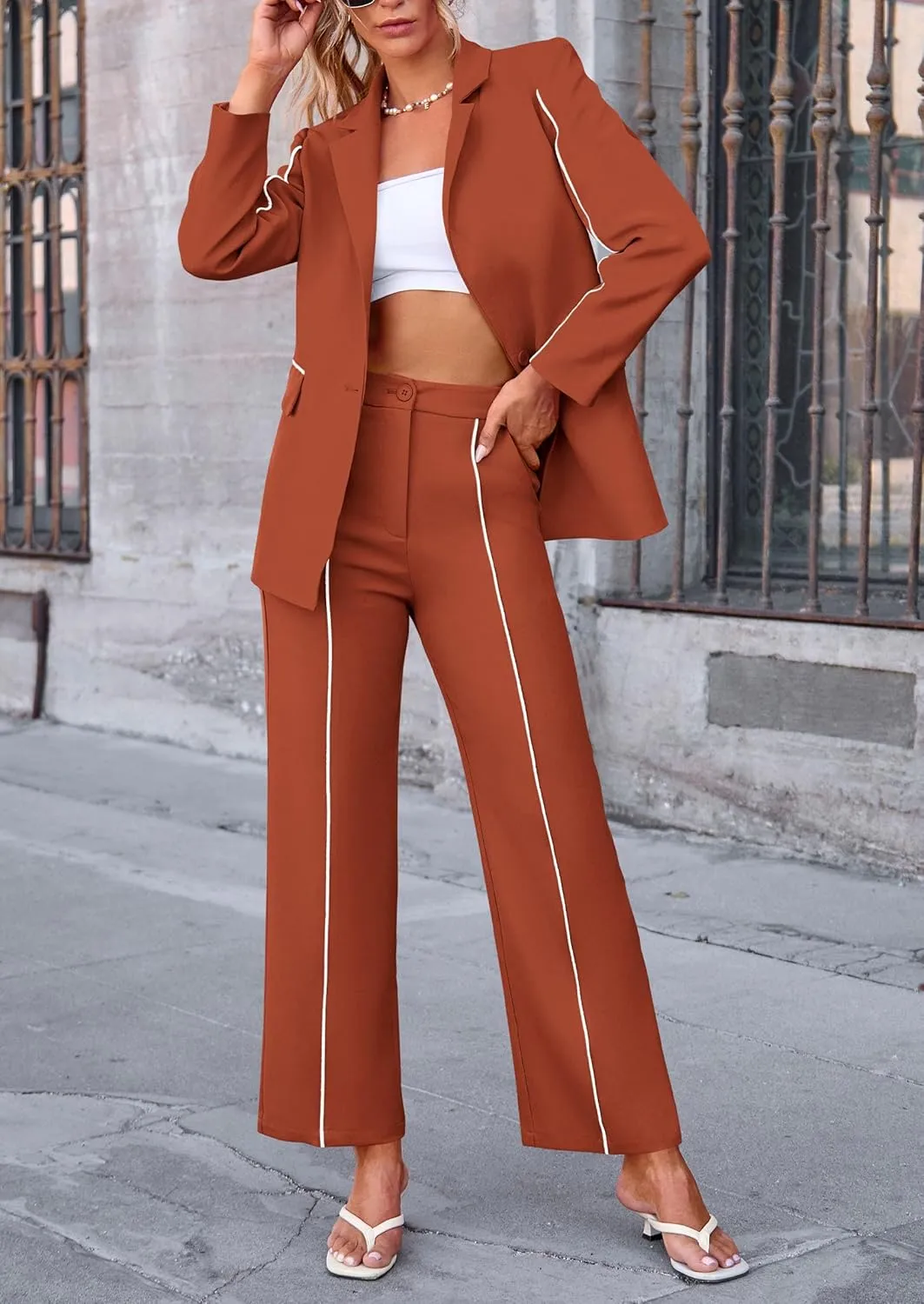 PRETTYGARDEN Women's Fall Spring 2 Piece Blazer Outfits Business Casual Oversized Jacket Wide Leg Work Pants Dressy Suit Set