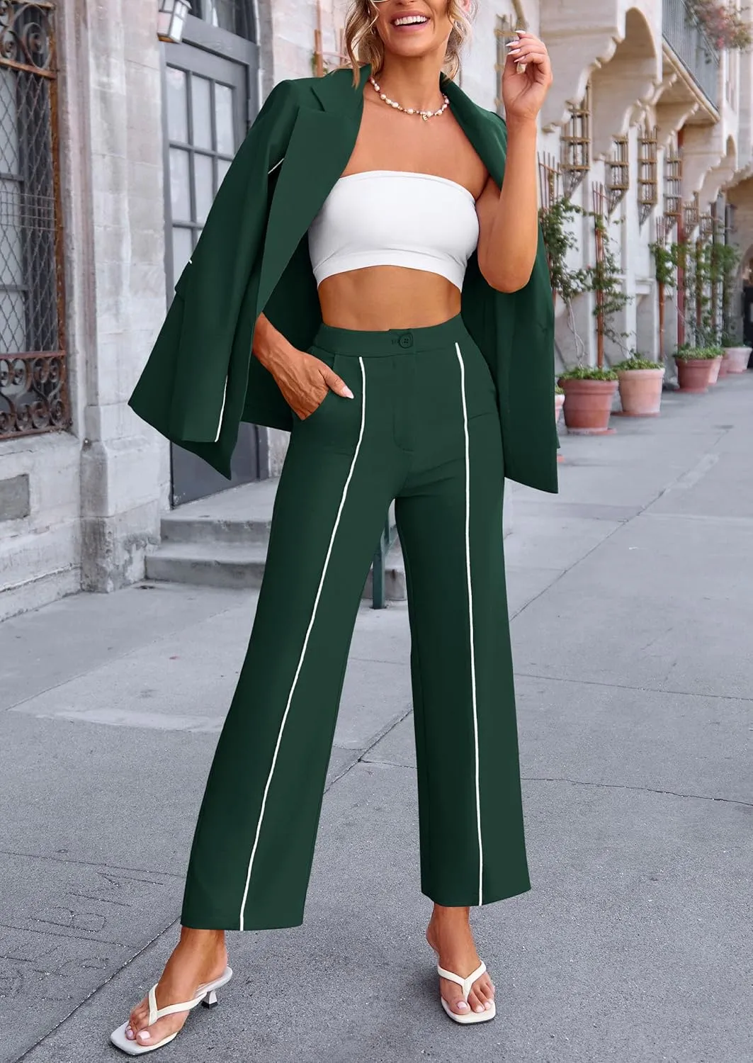 PRETTYGARDEN Women's Fall Spring 2 Piece Blazer Outfits Business Casual Oversized Jacket Wide Leg Work Pants Dressy Suit Set