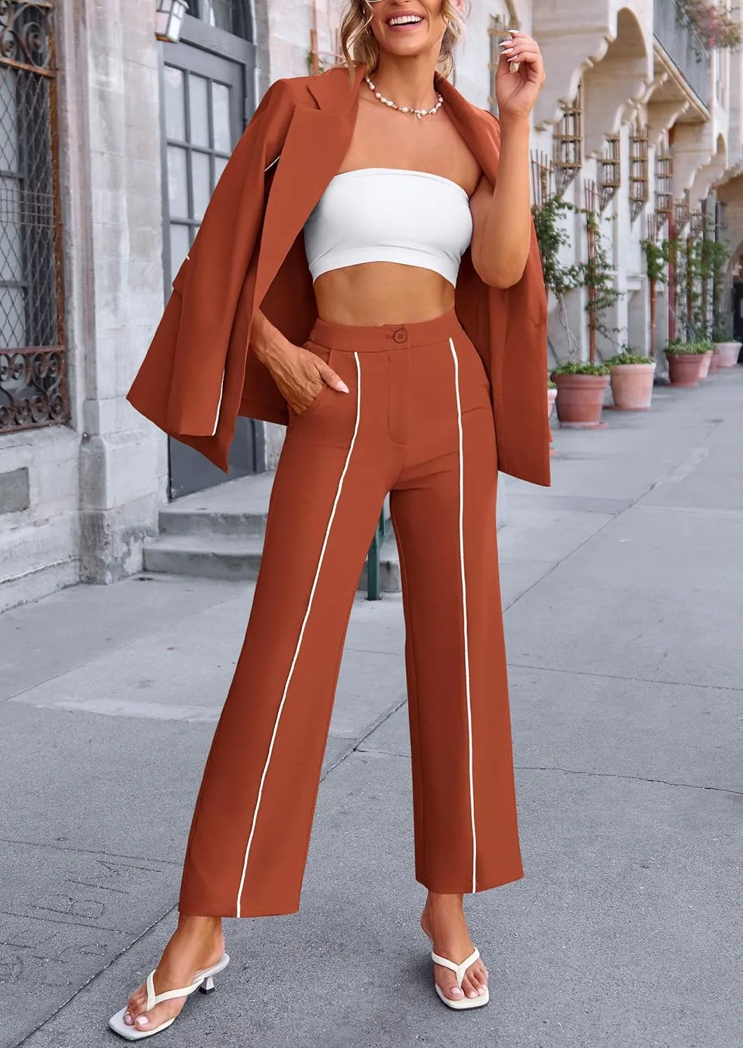 PRETTYGARDEN Women's Fall Spring 2 Piece Blazer Outfits Business Casual Oversized Jacket Wide Leg Work Pants Dressy Suit Set