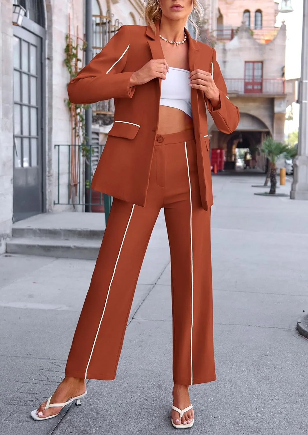 PRETTYGARDEN Women's Fall Spring 2 Piece Blazer Outfits Business Casual Oversized Jacket Wide Leg Work Pants Dressy Suit Set