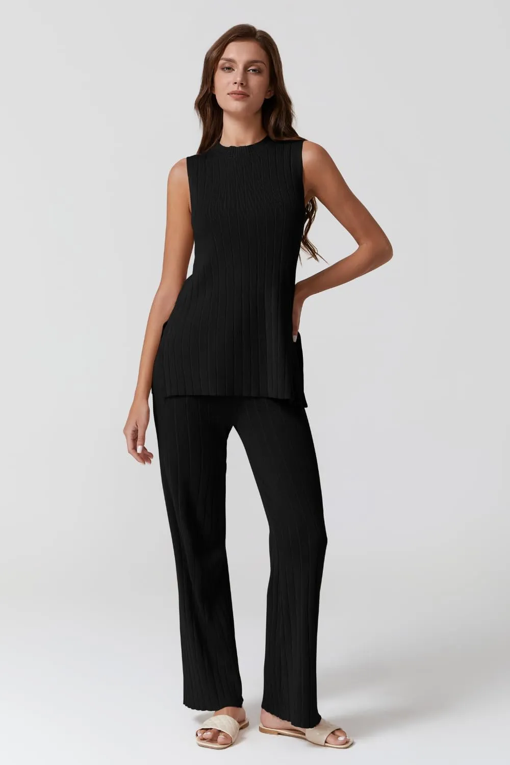 QINSEN Lounge Sets for Women Two Piece Outfits Knit Sleeveless Vented Hemline Tops Wide Leg Pants Sweater Sets