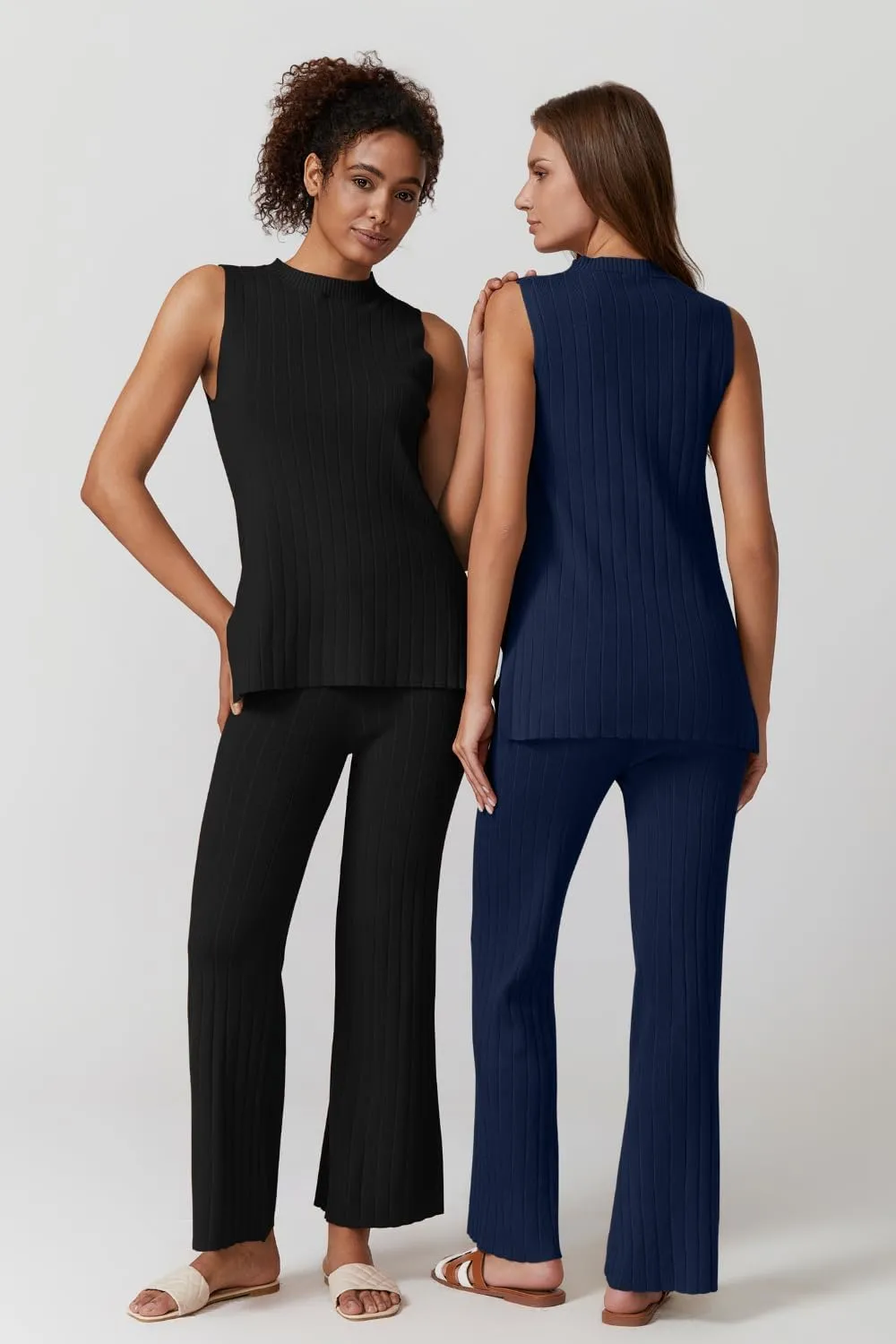 QINSEN Lounge Sets for Women Two Piece Outfits Knit Sleeveless Vented Hemline Tops Wide Leg Pants Sweater Sets
