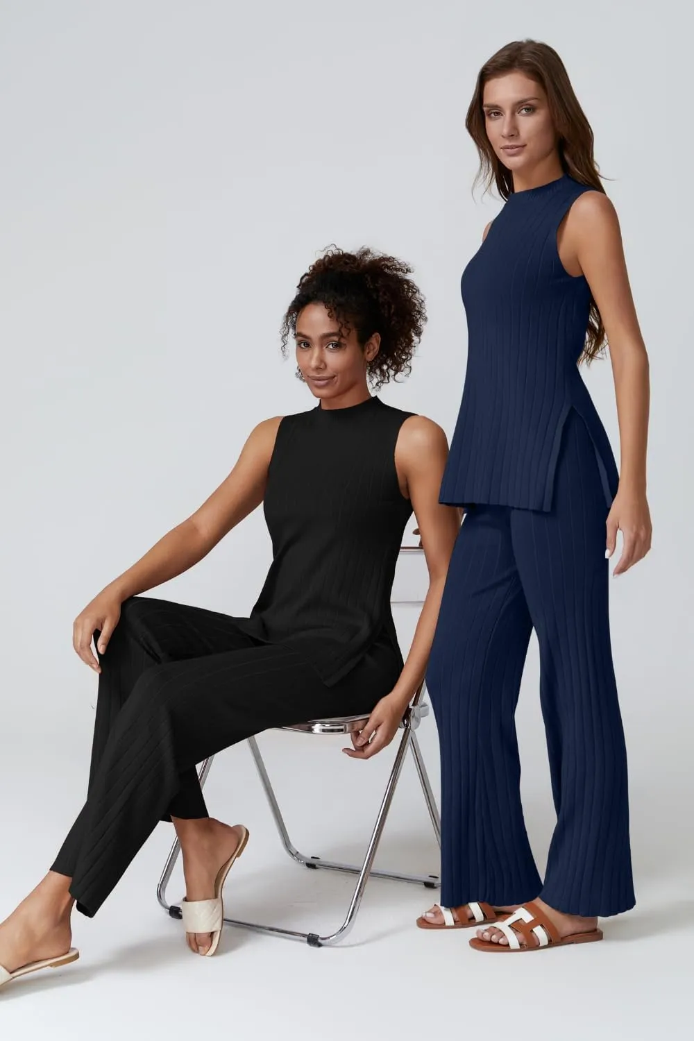 QINSEN Lounge Sets for Women Two Piece Outfits Knit Sleeveless Vented Hemline Tops Wide Leg Pants Sweater Sets