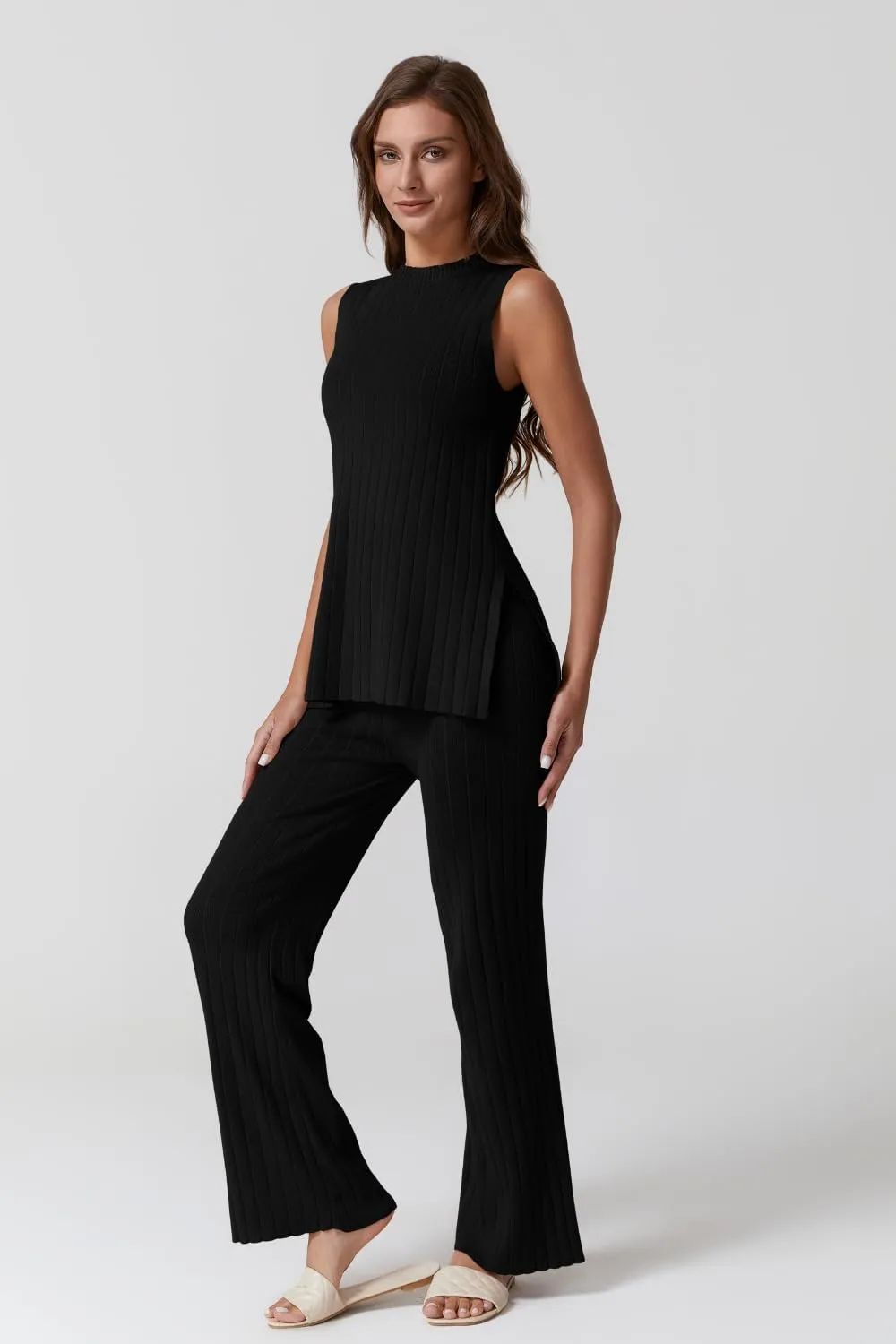 QINSEN Lounge Sets for Women Two Piece Outfits Knit Sleeveless Vented Hemline Tops Wide Leg Pants Sweater Sets