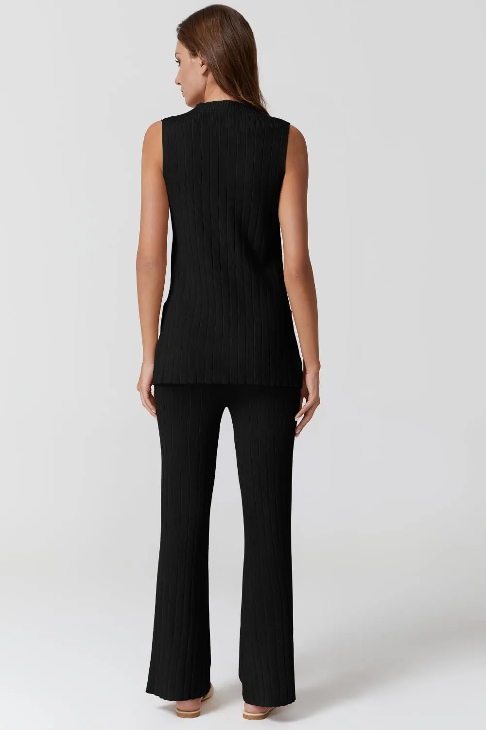 QINSEN Lounge Sets for Women Two Piece Outfits Knit Sleeveless Vented Hemline Tops Wide Leg Pants Sweater Sets