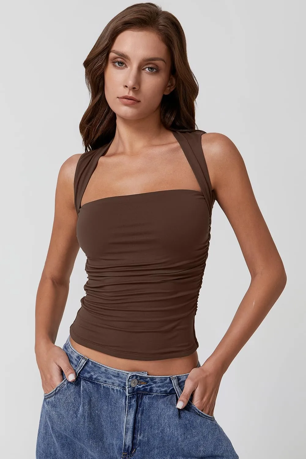 QINSEN Womens Square Neck Tank Tops Side Ruched Double Lined Slim Fit Summer Going Out Crop Top