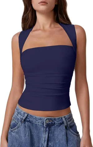QINSEN Womens Square Neck Tank Tops Side Ruched Double Lined Slim Fit Summer Going Out Crop Top