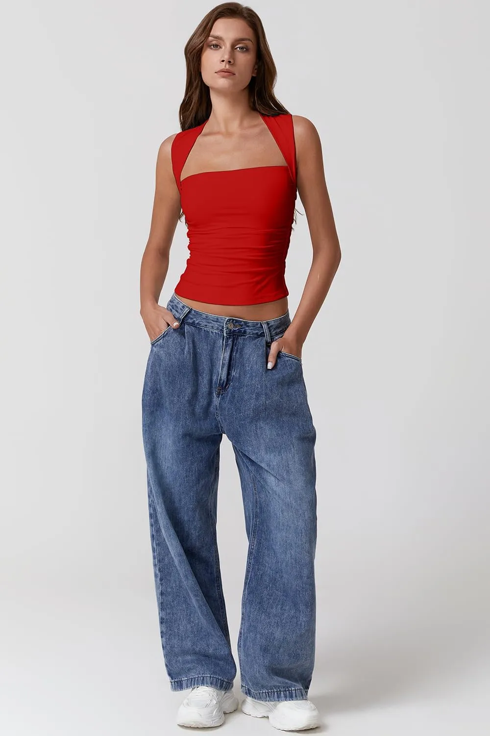 QINSEN Womens Square Neck Tank Tops Side Ruched Double Lined Slim Fit Summer Going Out Crop Top