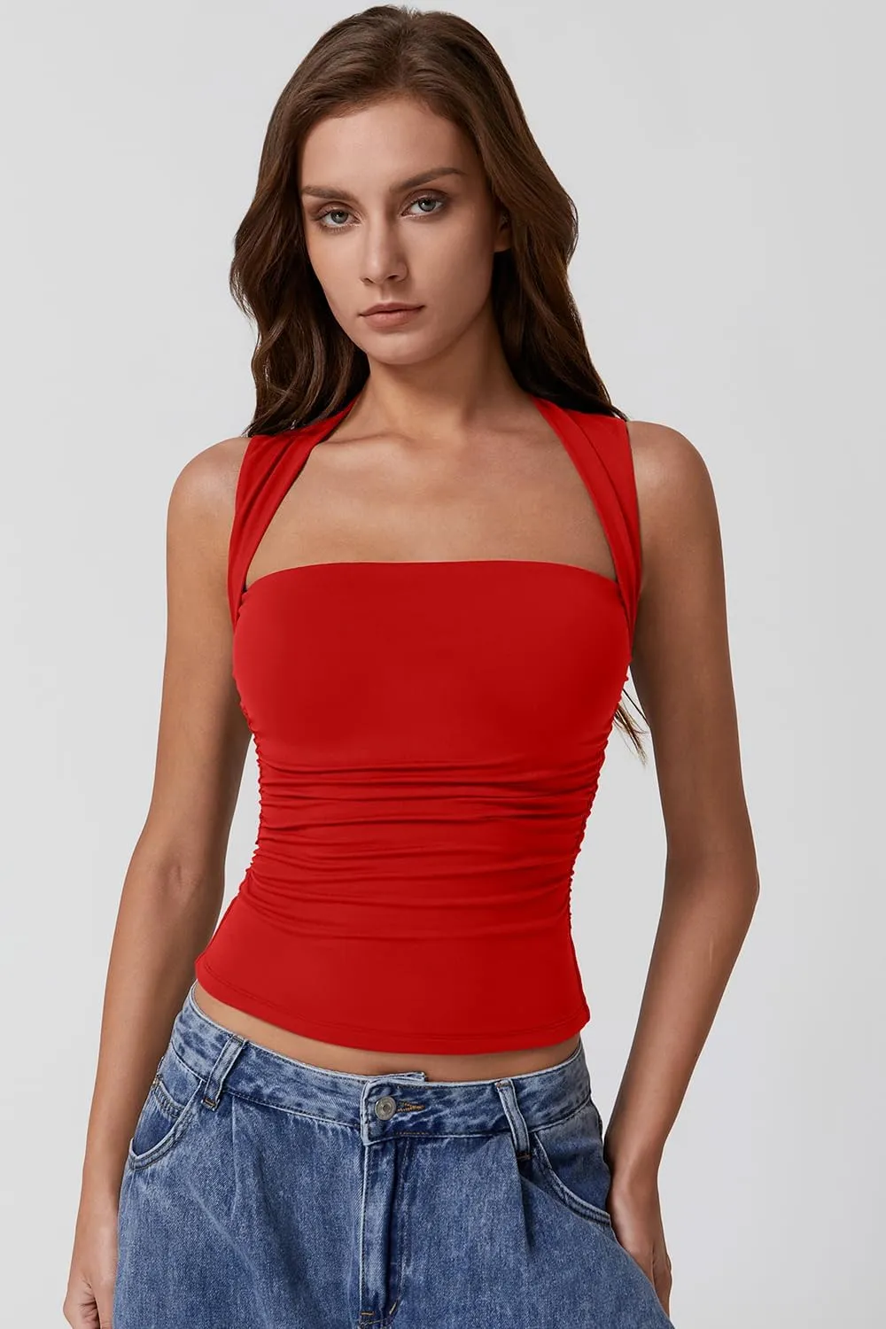 QINSEN Womens Square Neck Tank Tops Side Ruched Double Lined Slim Fit Summer Going Out Crop Top