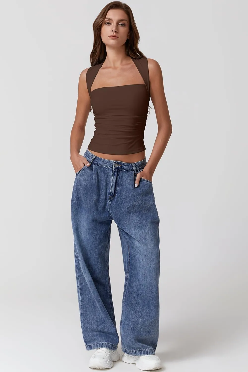 QINSEN Womens Square Neck Tank Tops Side Ruched Double Lined Slim Fit Summer Going Out Crop Top