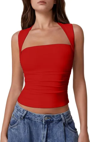 QINSEN Womens Square Neck Tank Tops Side Ruched Double Lined Slim Fit Summer Going Out Crop Top